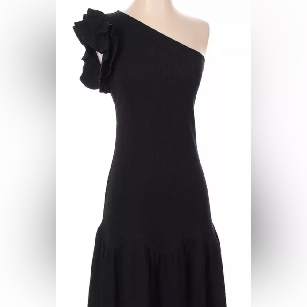 Rebecca Taylor Black Medium M One Shoulder Rib Jersey Dress Ruffles Fitted Midi